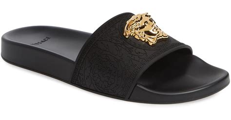 versace black gold slides|Versace la medusa leather slides.